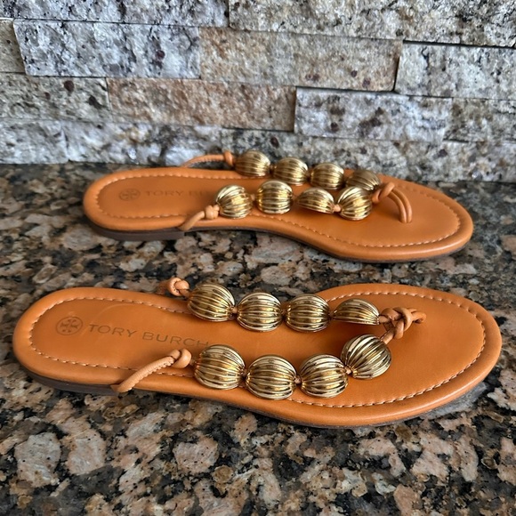 Tory Burch Capri Beaded Orange Leather Thong Sandals Size 7 - Picture 5 of 9